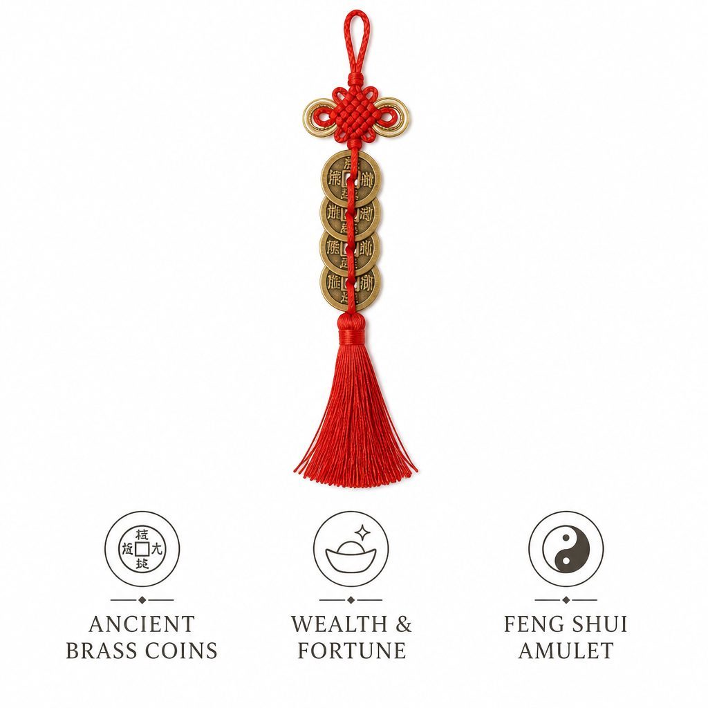 Five Emperor Coins Feng Shui Amulet Set with Red Tassel for Wealth Luck
