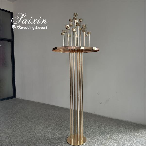 Decoração de piso de casamento Alto suporte de flores dourado com porta-velas central