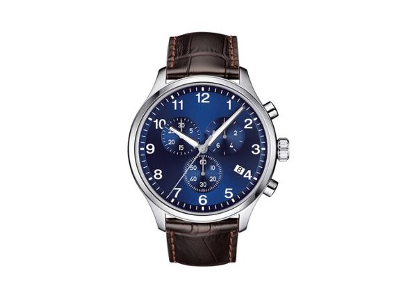 Printed Black Dial Chronograph Watch 2pcs Stainless Steel Button Brown / Black Leather Strap