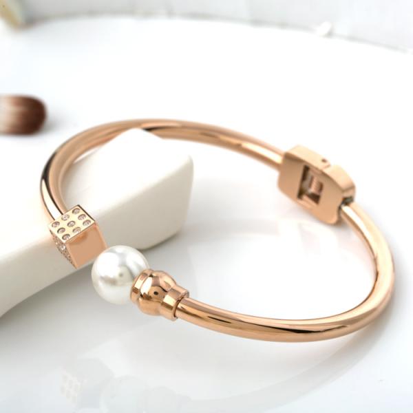 Stainless Steel Open bracelet，Pearl Cuff Bangle, Square Diamond girls jewelry, Rose Plated Bracelet