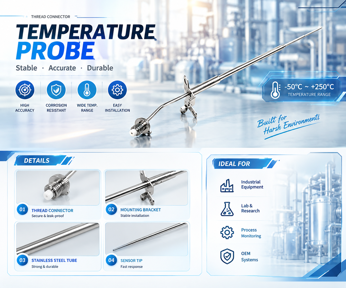 Customized IVD Threaded Connector Temperature Probe with Extended Reach Design