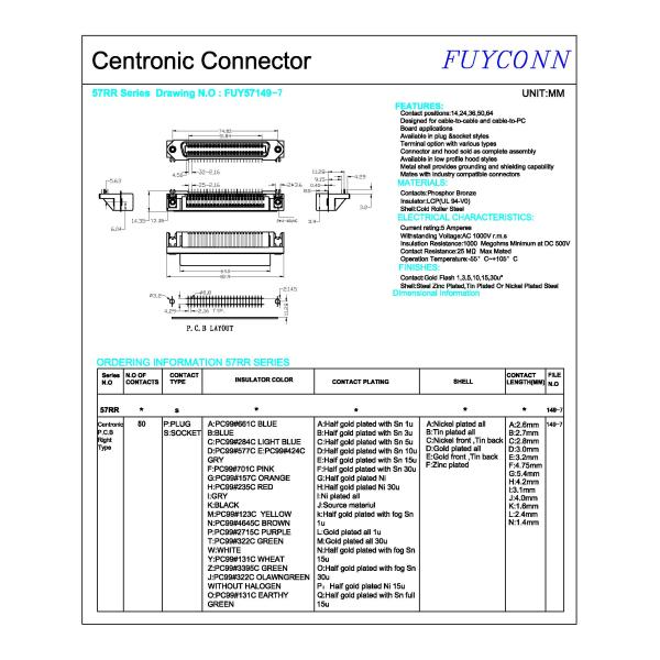 57 разъем-розетка PCB серии 50Pin Centronic CN прямоугольная с замком доски