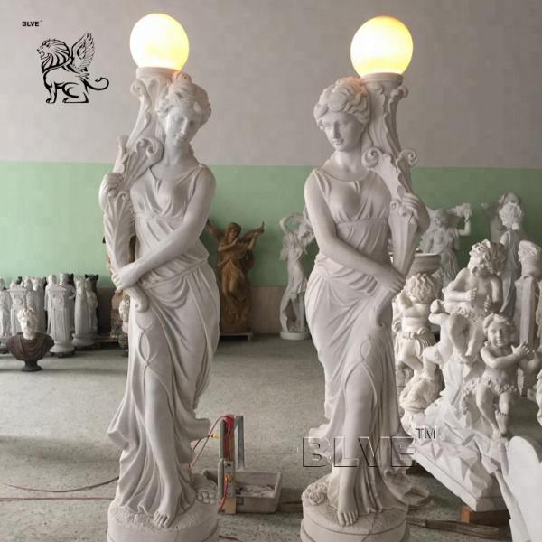 Marble Woman Statues Sculpture Floor Lamp Life Size White Stone Carving Garden Decoration