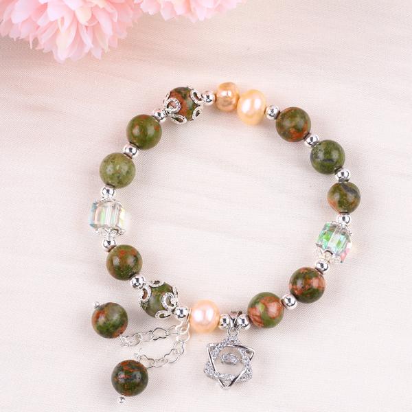 Unakite Stone And Pink Pearl With Star Charm Healing Balance Bead Bracelet For Jewelry Gift