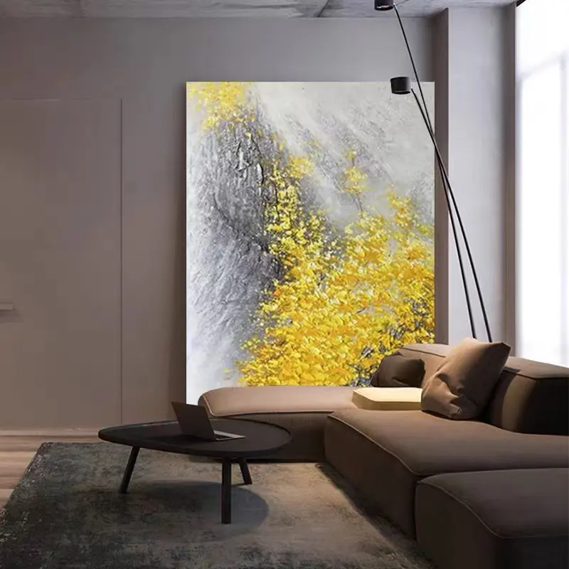 Modern Handpainted Oil Painting On Canvas Abstract Landscape Fortune Golden Leaf Texture Art