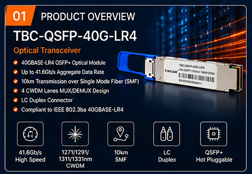 40G QSFP+ LR4 Optical Transceiver Module Single Mode LC Duplex 10km 1310nm TBC-QSFP+40G-LR4