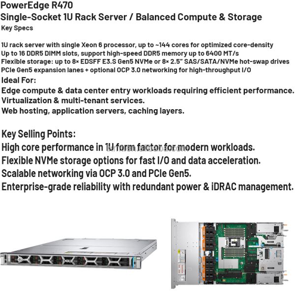 PowerEdge R470 1U Rack Server with Xeon 6 E-core CPU, 16 DDR5 DIMM Slots, and Up to 10 x 2.5-inch SATA/NVMe Drive Bays