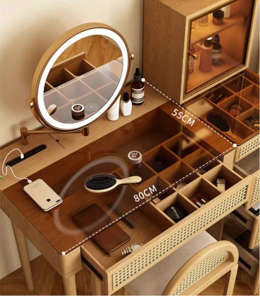 Solid Wood Corner Makeup Vanity Set Dressing Table Rotatable Mirror