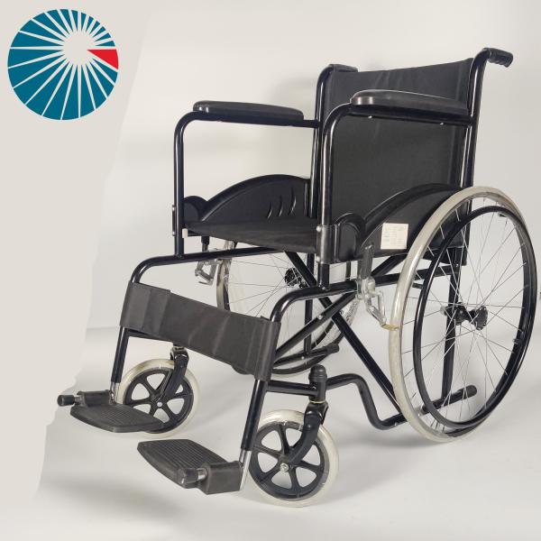 Simple Lightweight Steel Folding Wheelchair Black Powder Coating Frame