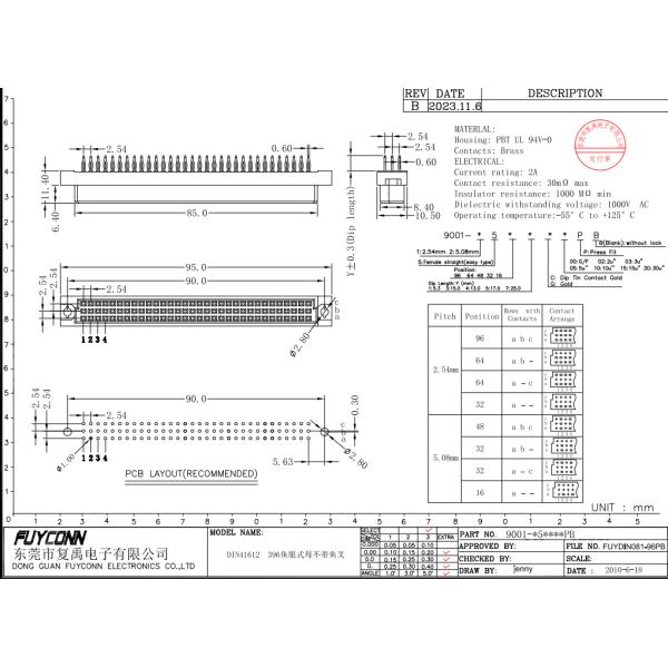 Female DIN 41612 Connector 3 Rows 96 Pin Press Pin 13mm 41612 Connector