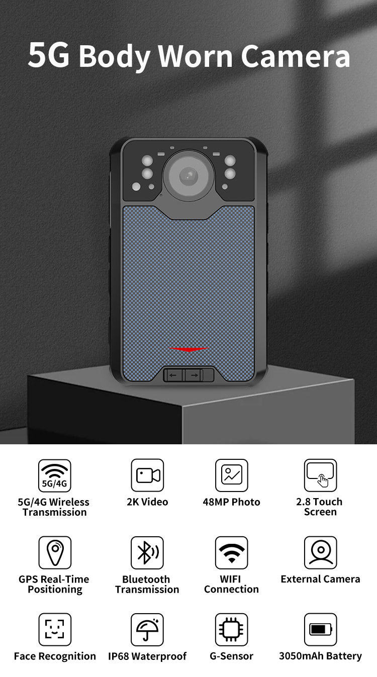 Wearable 4G Body Worn Camera HD 2K Video 2.8'' Touch Screen IP68 Waterproof Security Camera with Wifi Connection GPS BT