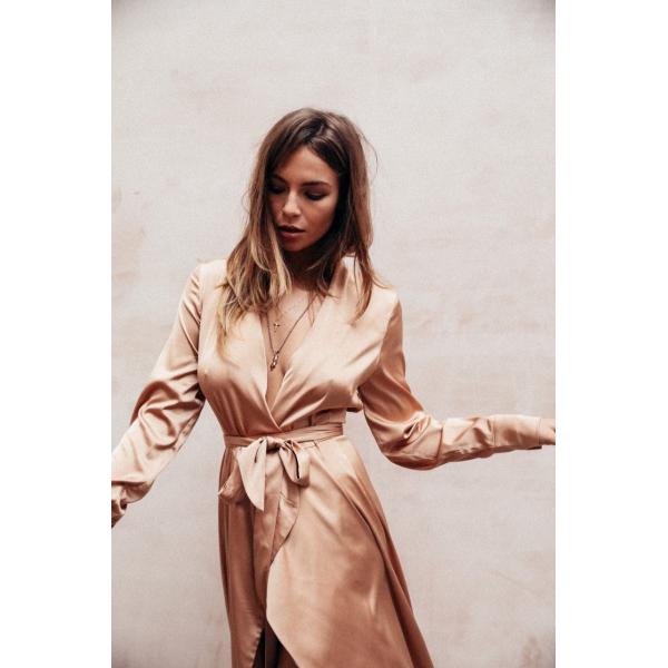 Fall Women Clothing Sexy Deep V Neck Satin Wrap Dress