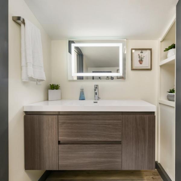 Wall Mounted Melamine Bathroom Vanity Cabinet Handless Modern Waterproof Dark Wooden