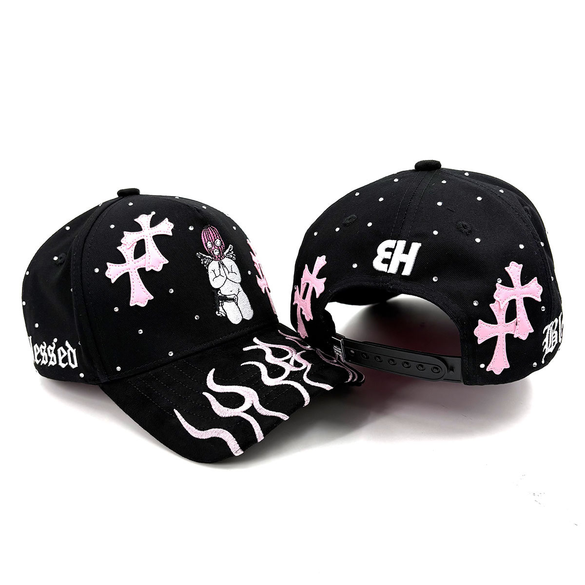 Dragon Ball Hat Gorra Embroider PU Crosses Patch Gamuza Visor Bling Rhinestone Fire Flames On Suede Brim White Shiny