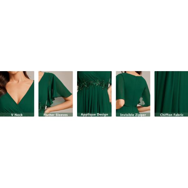 Empire Plus Size Applique Short Sleeve A-line V-neck Flutter Sleeves Invisible Zipper Navy Blue Chiffon Evening Dress