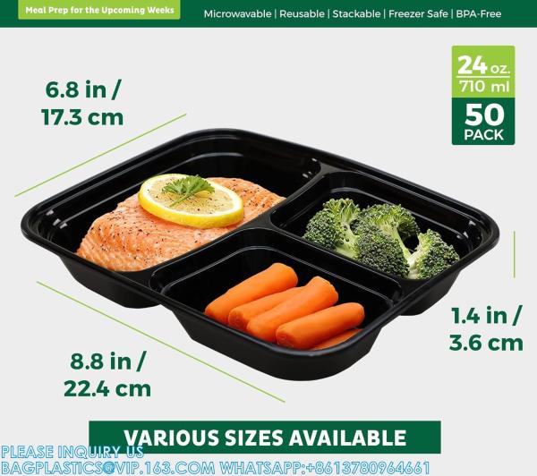 Packaging 3 Compartments Takeout Boxes Black Microwave Plastic Lunch Box Food Containers Wholesale