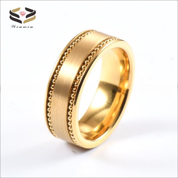 Bague de mariage pour homme en carbure de tungstène plaqué or 8mm avec incrustation de chaîne de perles dorées