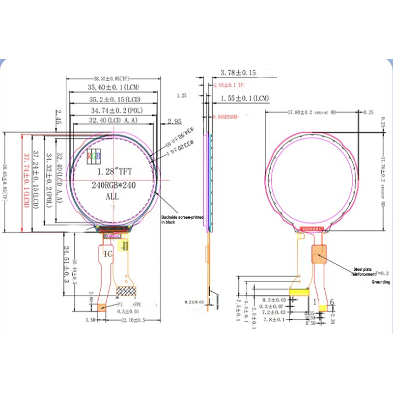 1.28 inches, equipped with GC9A01, circular TFT high-definition capacitive touch screen, display module