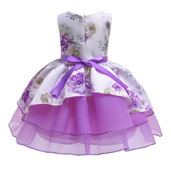 Hot Sale Toon Purple Girl Dress Bow Belt Printed Mesh Gown Princess Dress Tutu Dresses Invisible Zipper Disfraces Vestid