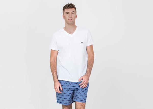 Cotton Jersey Men'S V Neck Pajamas / Mens T Shirt And Shorts Pyjamas With Side Pockets