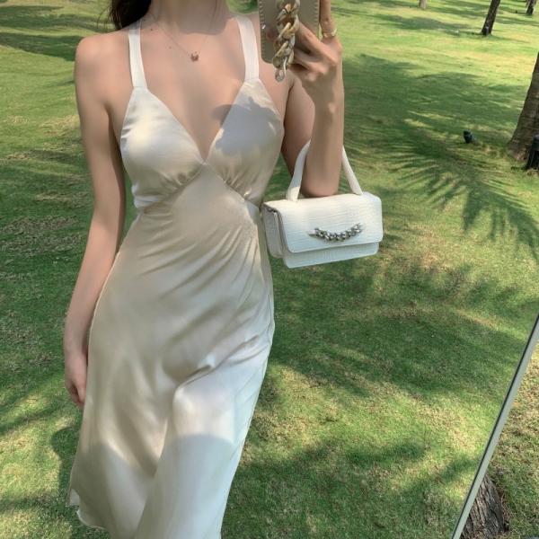 Suspender Womens Vacation Dresses Backless Tie Back Low Cut V Neck