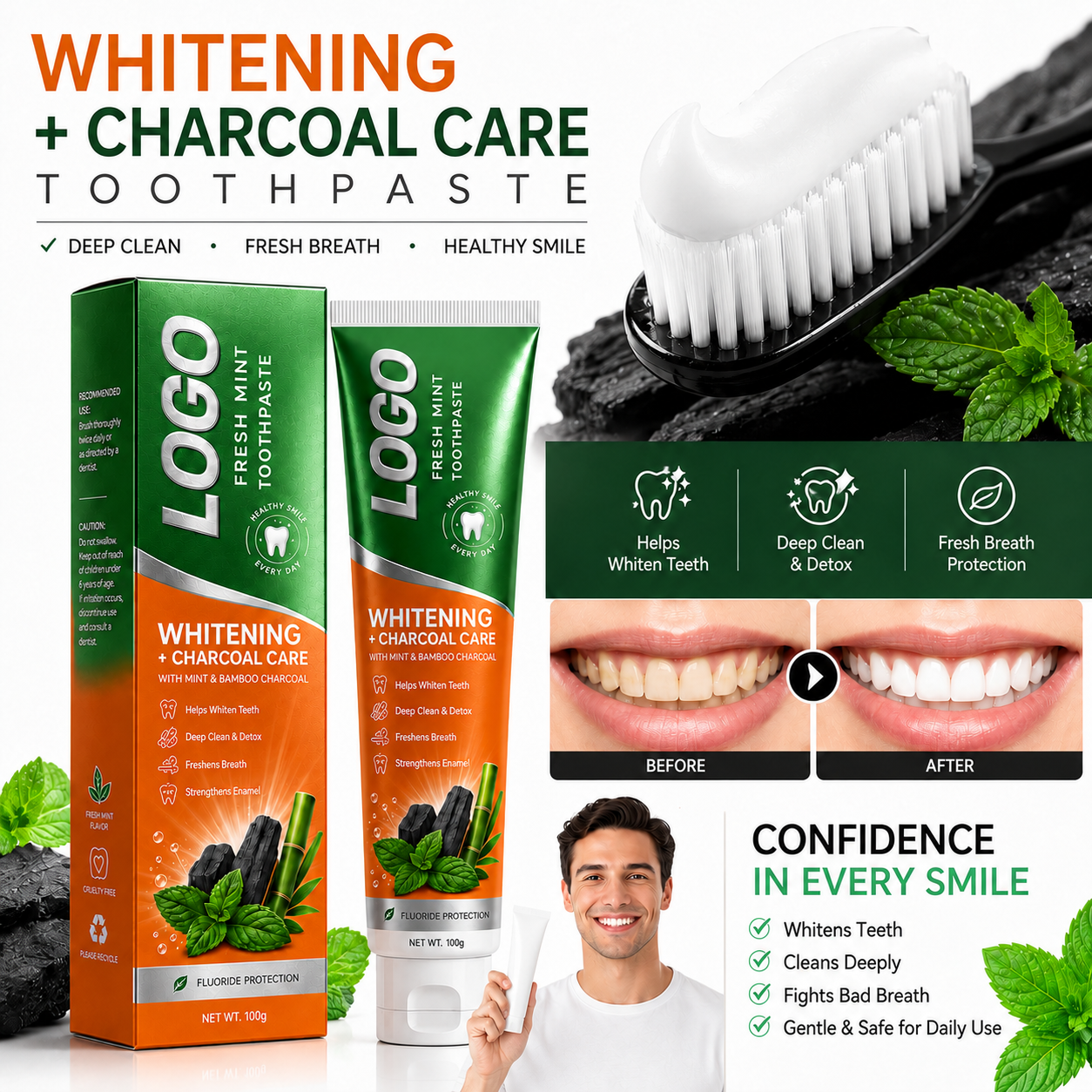 In-stock Soofating Bamboo Charcoal Whitening Toothpaste Mint Flavor with Xylitol Non-Toxic for Stain Removal & Teeth Brightening