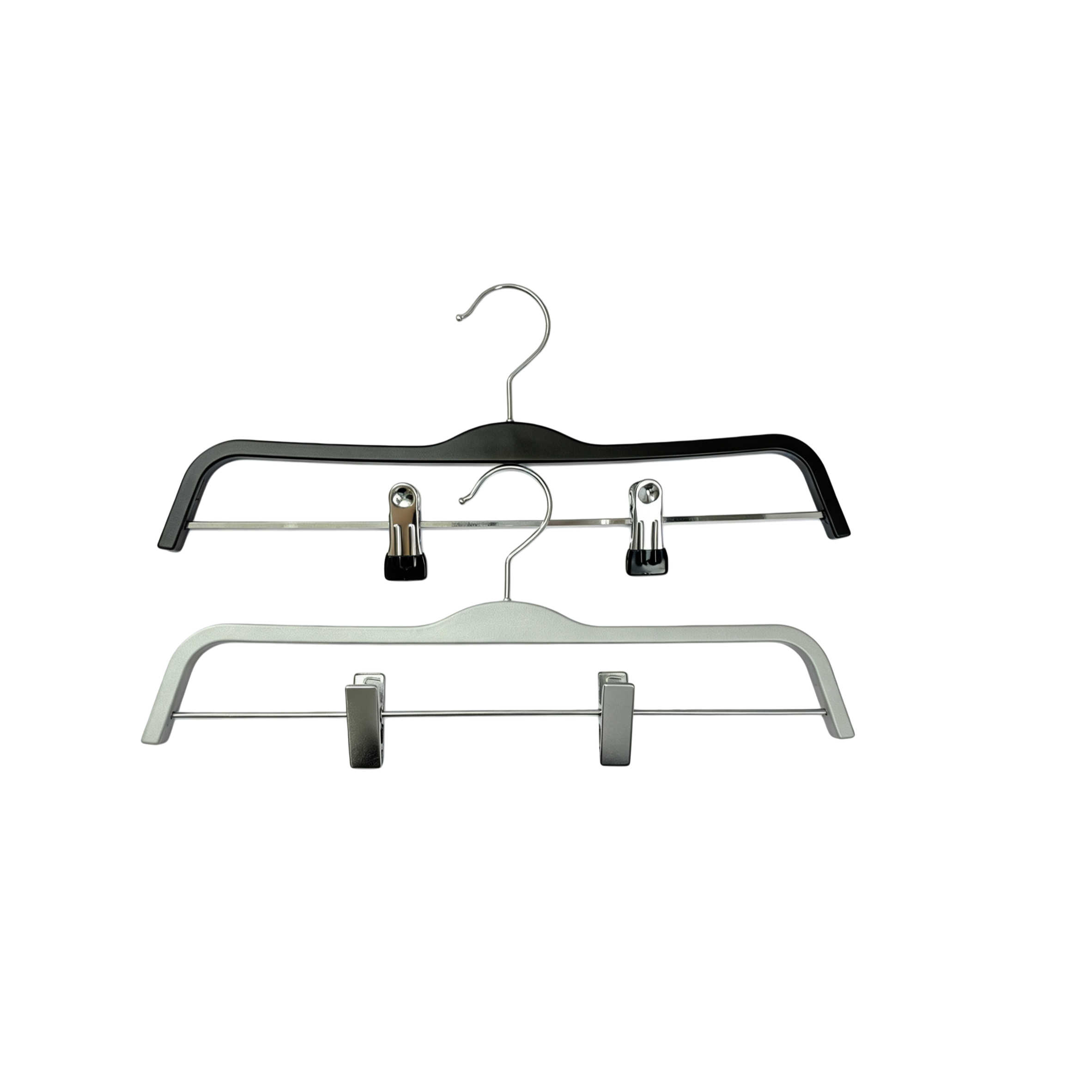 Hand-painted flat plastic trouser hanger with customizable hooks and clips and logo printing for clothing stores