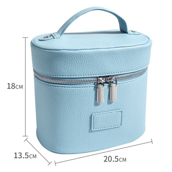 OEM Portable Handle Leather Cosmetic Cases Ladies Travel Toiletry Bag Light Blue Color