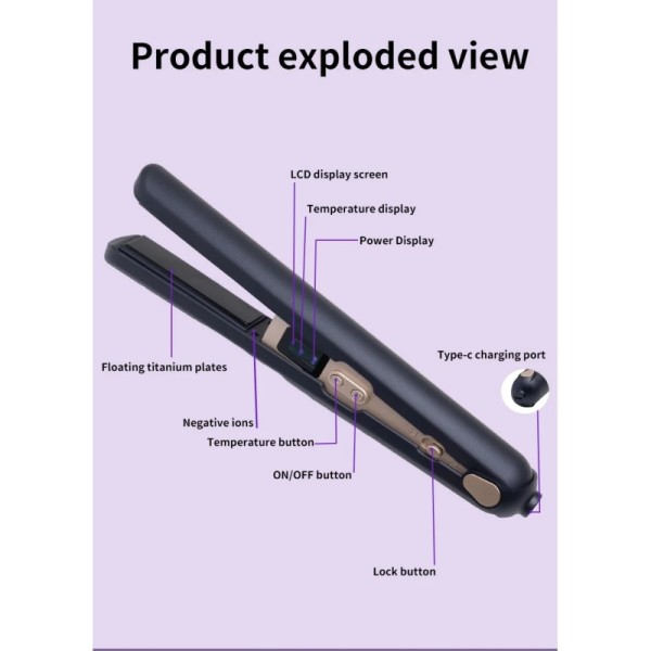 2-in-1 Cordless Hair Straightener & Curler LCD Display Travel Safe Ceramic Plates for Fine to Thick Hair Household Use