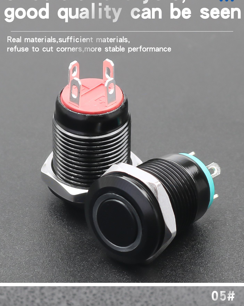 YZ 12mm Metal Push Button Switch Momentary 1NO Oxidized Black Shell High/Flat Head IP65 3A 4-Pin Power LED 6V-220V 100000