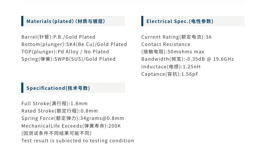 Double Ended Spring Loaded Contact Pin for PCB Test Fixtures