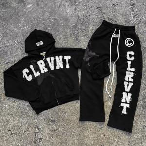 Autumn Mens Streetwear Sweatsuits Two Piece Track Set Applique Distressing