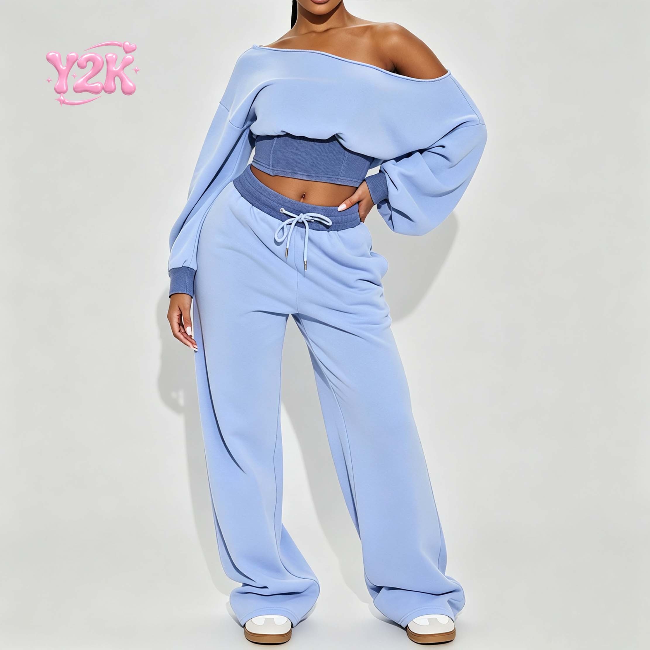 Custom Women's Off Shoulder Crop Top Baggy Sweatpants Set
