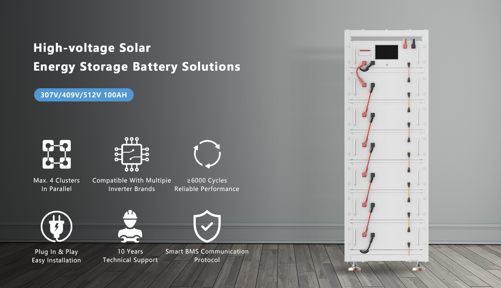 Four Modules 204.8V100Ah High Voltage Rack Stacked Installation LiFePO4 Phosphate Lithium Iron Solar Storage Batteries for Home