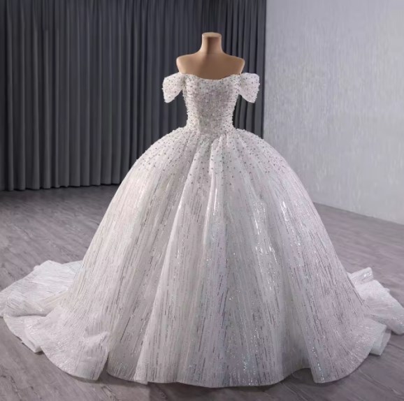 Shiny Off-the-shoulder Beaded Puffy Empire Ball Gown Court Train White Sequins Wedding Dresses