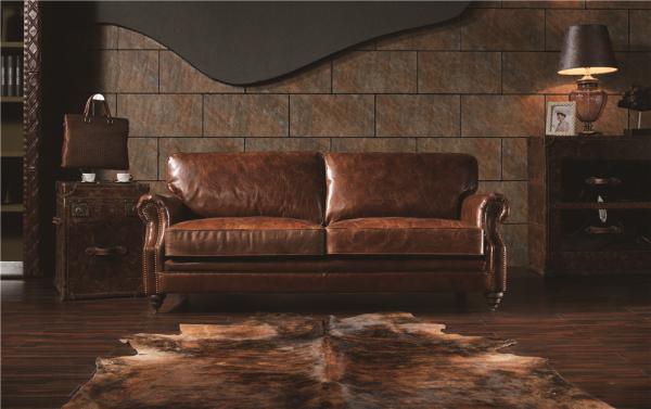 Top Grain 3 Seater Brown Leather Sofa , Three Seater Leather Settee Brass Wheel Legs