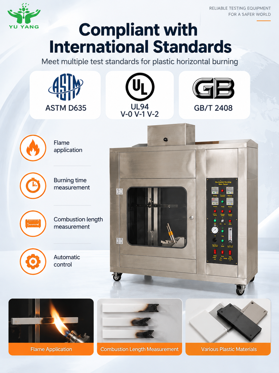 Plastic Horizontal Burning Rate Test Apparatus with Adjustable 90°,45° Angle and Sealed Toughened Glass Observation Window for UL94 HB V0 V1 V2 Flammability Testing