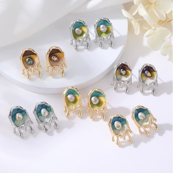 Fashion 14K Plate Gold French Retro Baroque Natural Pearl Earrings Enamel Monet Garden Style Studs Jewelry Gift