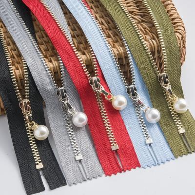 Brass Metal Zipper With Pearl Slider #5 Open-End For Clothes