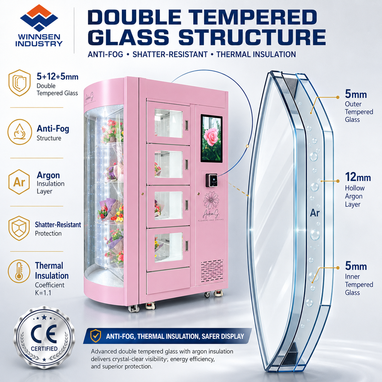 Winnsen Transparent Shelf Flower Vending Machine with Humidification System and 22 Inch Touch Screen