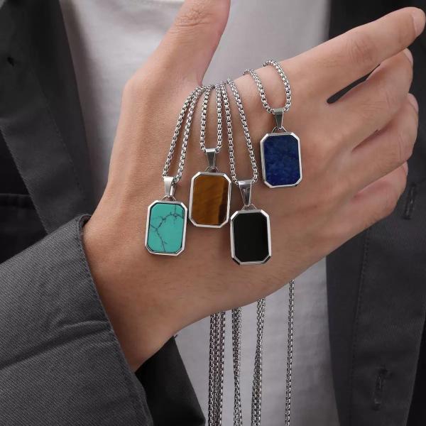 Rectangular Stainless Steel Men's Pendant with Inlaid Enamel Polished Finish 60cm Length, available for custom made according to your requirements