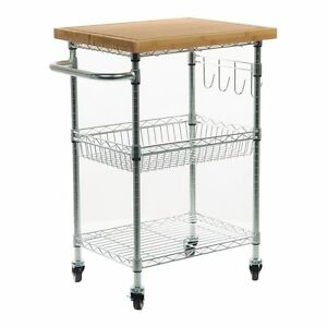Kitchen Organiser Wooden Top Metal Chrome Basket Shelf Wire Trolley Cart