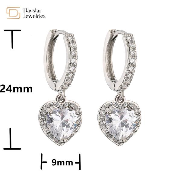 24k Gold Plated Diamond Brass Hoop Earrings , Zircon Crystal Heart Dangle Drop Earrings