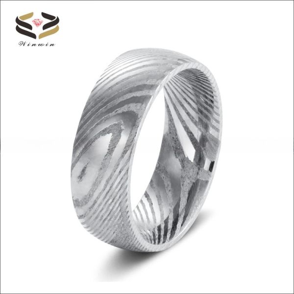 Simple Style 8mm Pure Damascus Steel Men's Wedding Ring with Black Plating