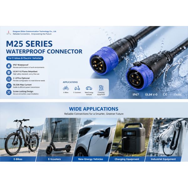 M25 IP67 Waterproof 50A EV Charging Connector for Electric Motorcycle & Scooter