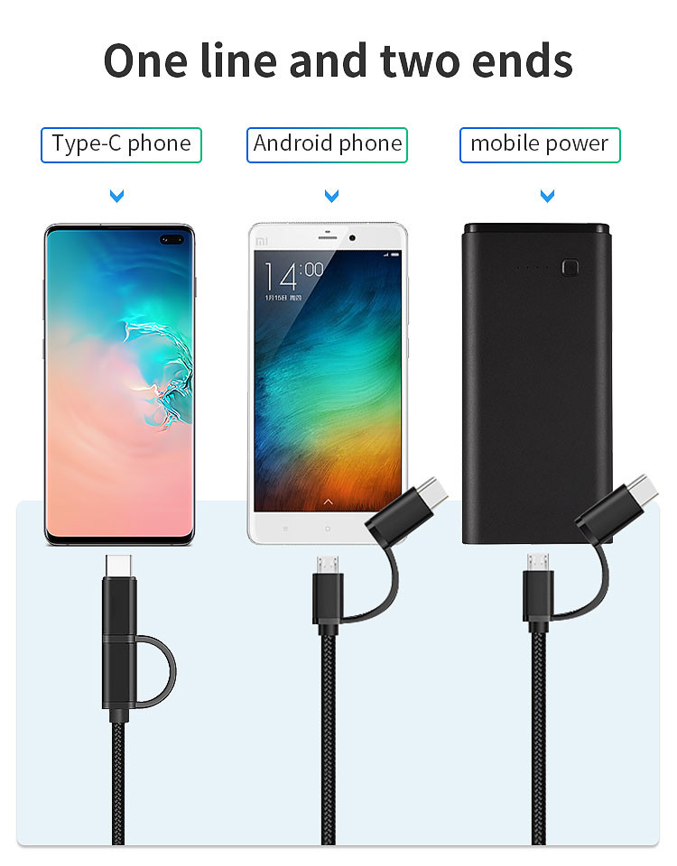 Nylon Braided 2 In 1 Charging Cable 3m OEM Type C USB 2.0 Cable