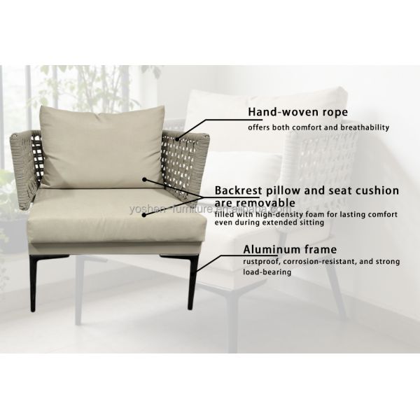 Modern Handwoven Rope Lounge Chair with Matching Cushion Set Black Frame for Hotel Resort Villa