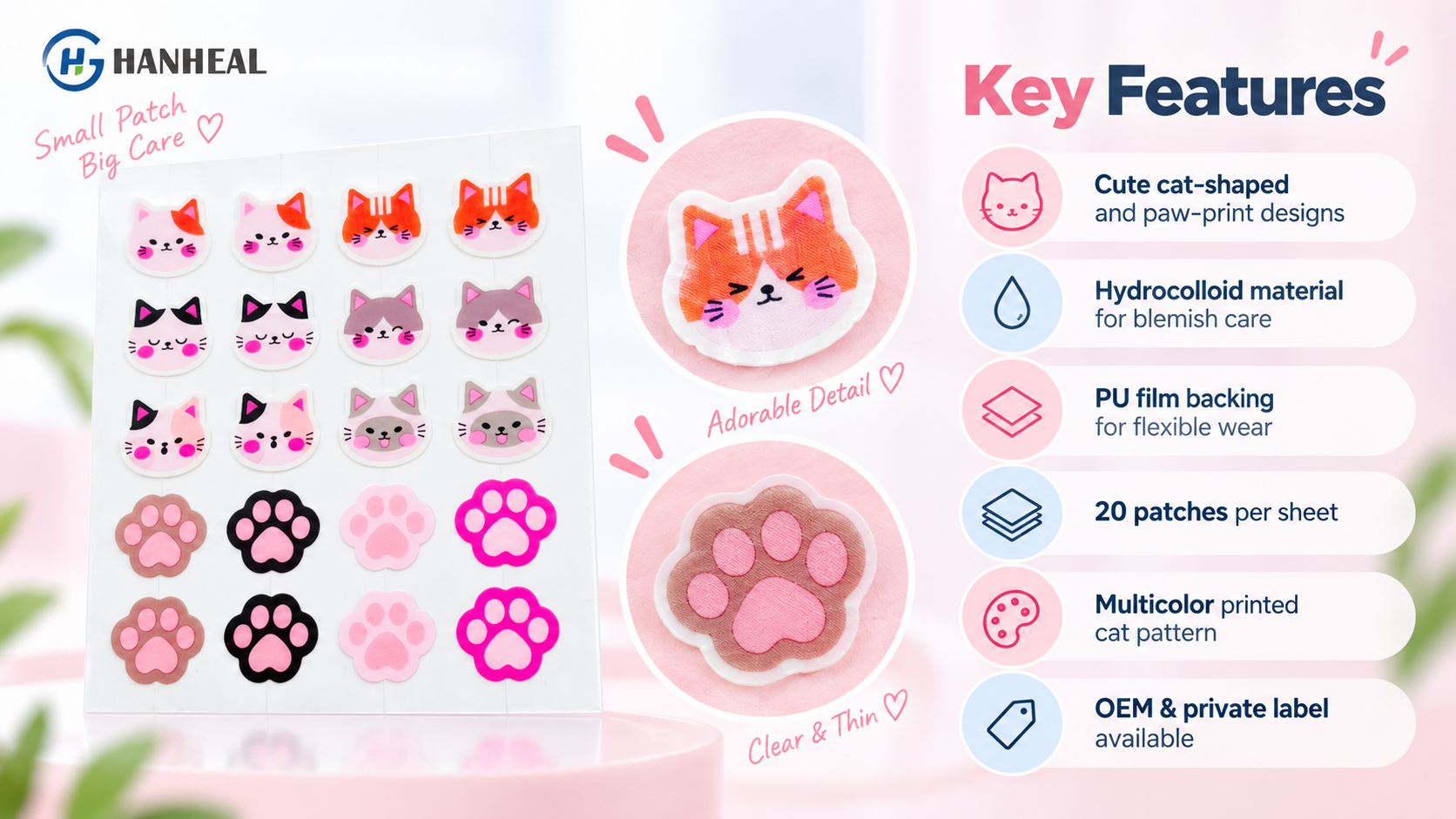 Custom Cat-Shaped Hydrocolloid Acne Patches 12mm 20 Patches per Sheet