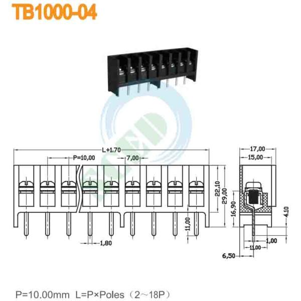 Black Barrier Terminal Block with 10.00mm Pitch 300V 20A Right Angle Wire Inlet for PCB and Power Supply