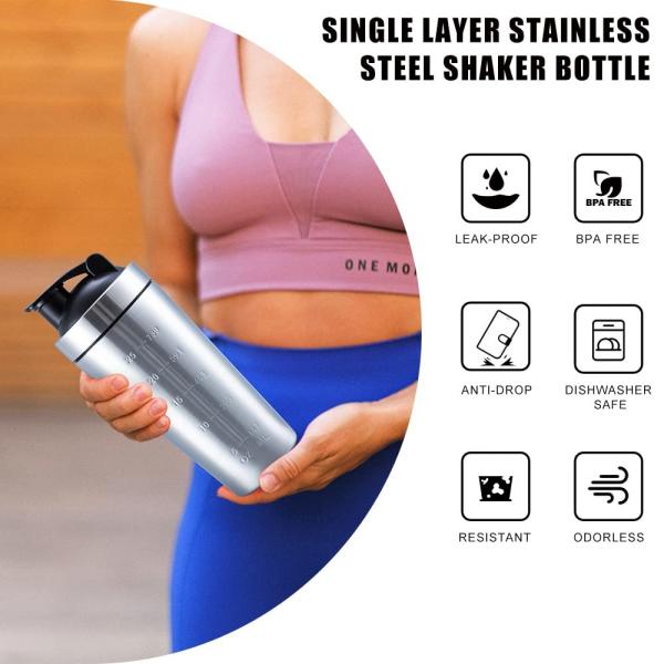 Shaker portátil de acero inoxidable de doble sección botella de mezclador de proteínas metálicas con escala para gimnasio